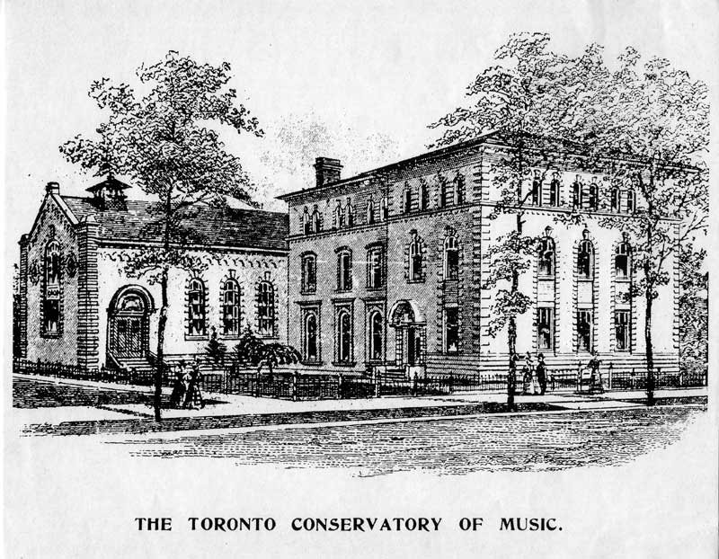 Old fashioned black and white illustration of a medium-size academic building with the caption "The Toronto Conservatory of Music."