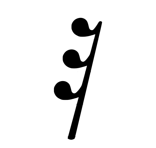 32nd rest: vertical line with three diagonal flags or curves attached to it.