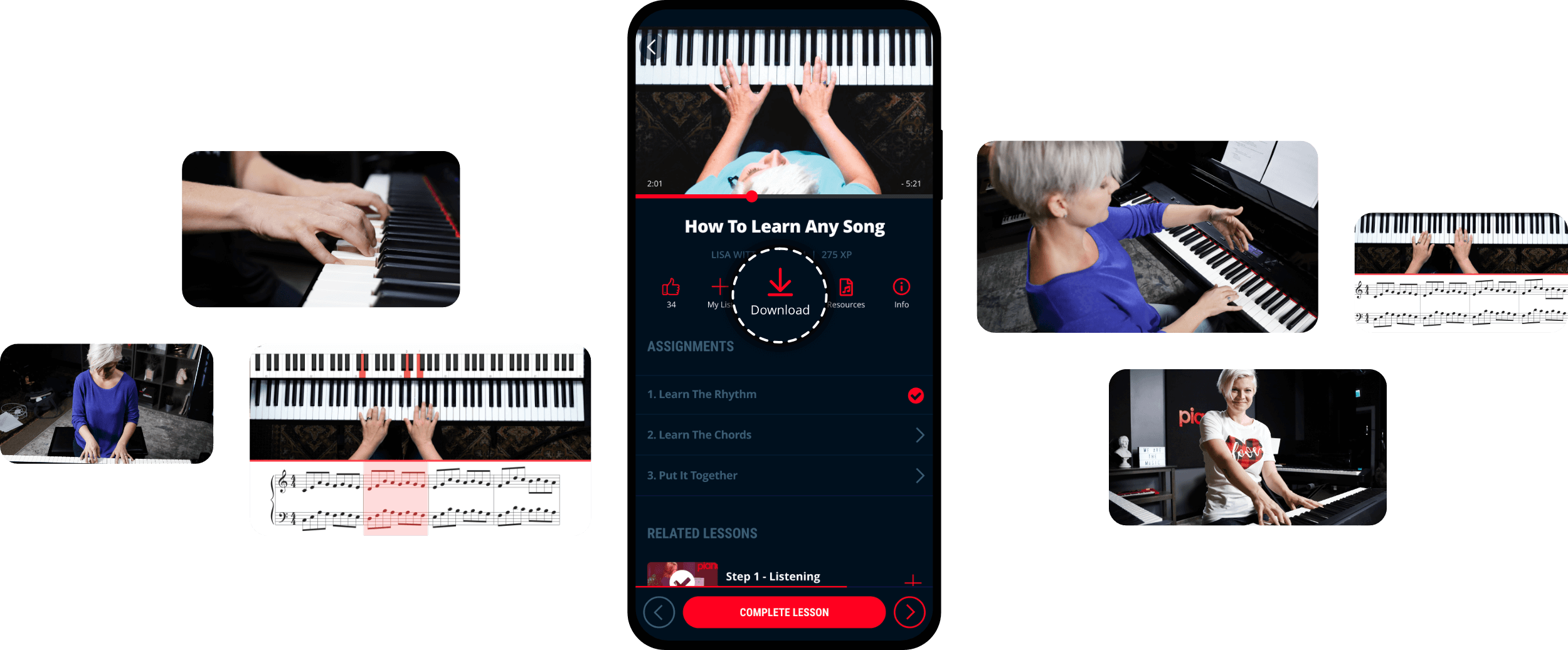 Pianote mobile app showing hands playing piano surrounded by pictures of Lisa playing piano.