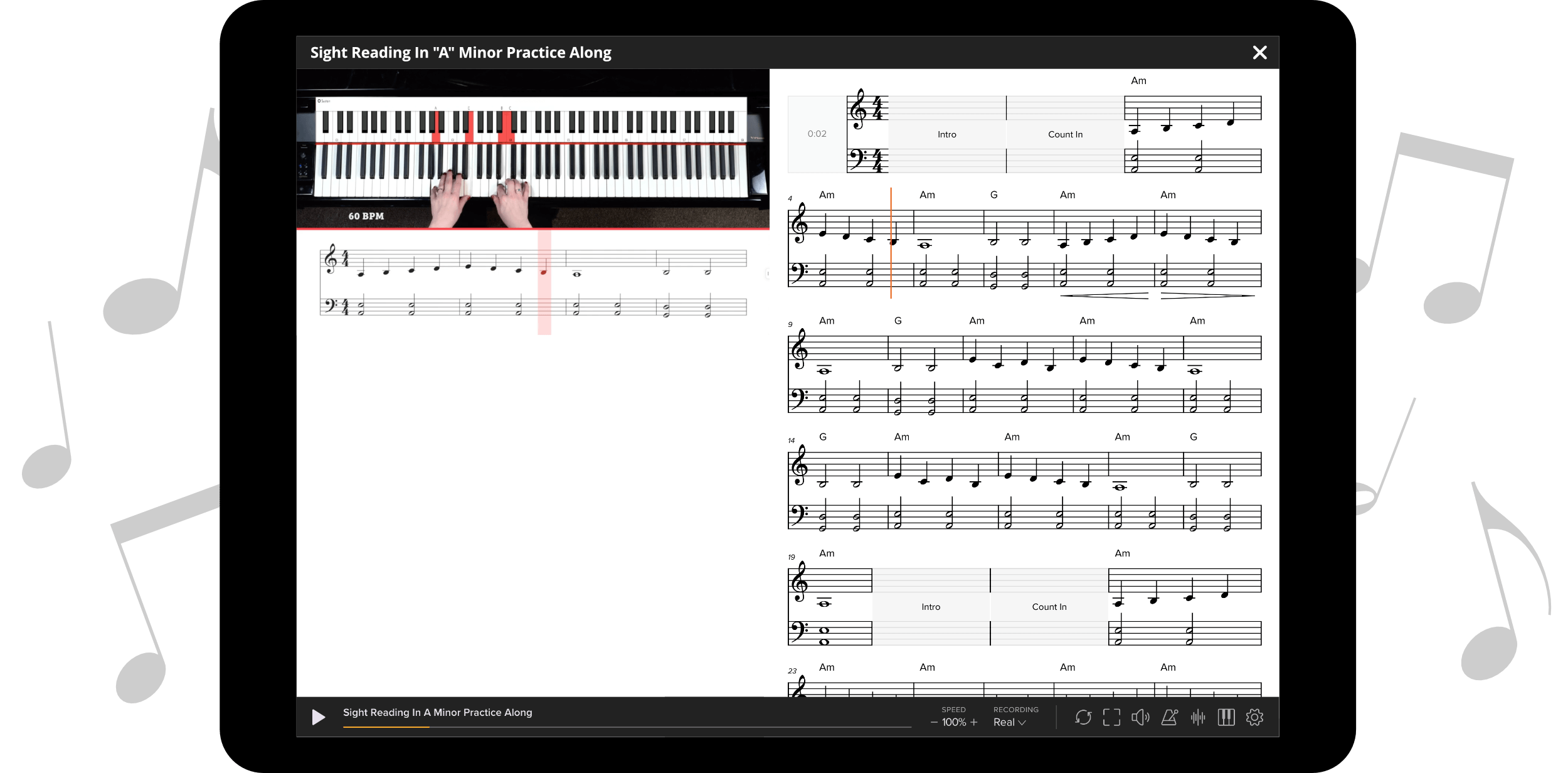 Screenshot of Pianote play-along feature showing hands and sheet music on iPad screen.